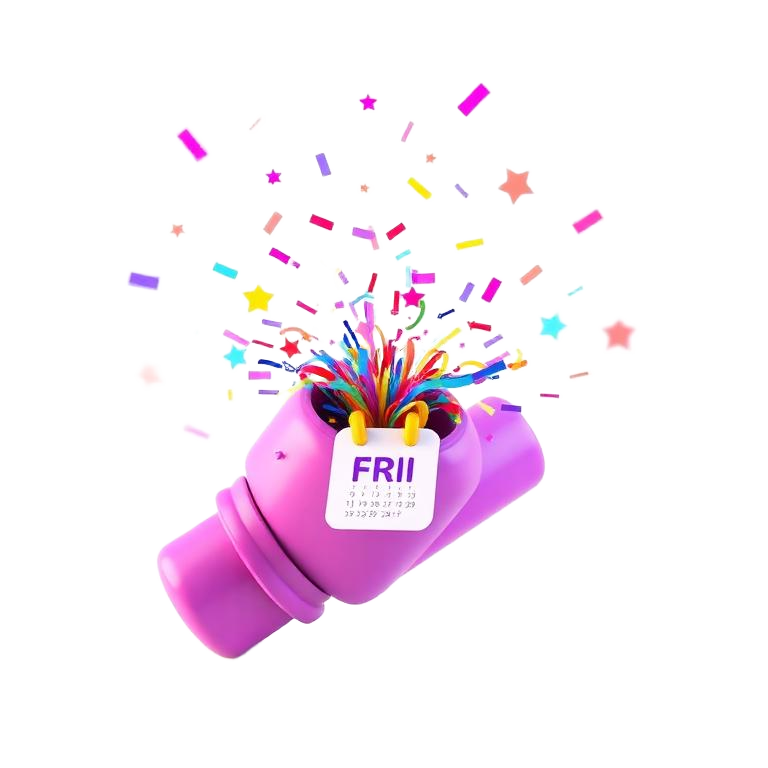 Purple party popper illustration with a Friday calendar page