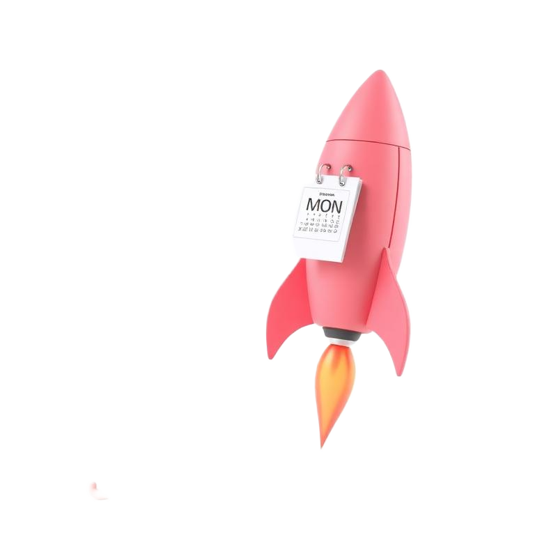 Pink rocket illustration with a Monday calendar page