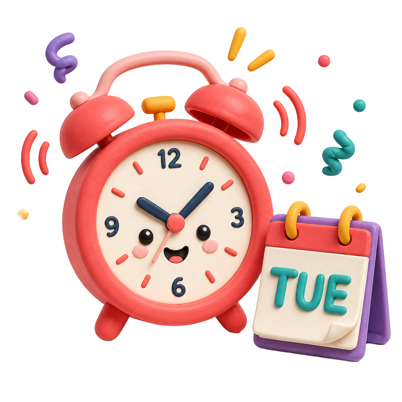 Pink alarm clock illustration with a Tuesday calendar page