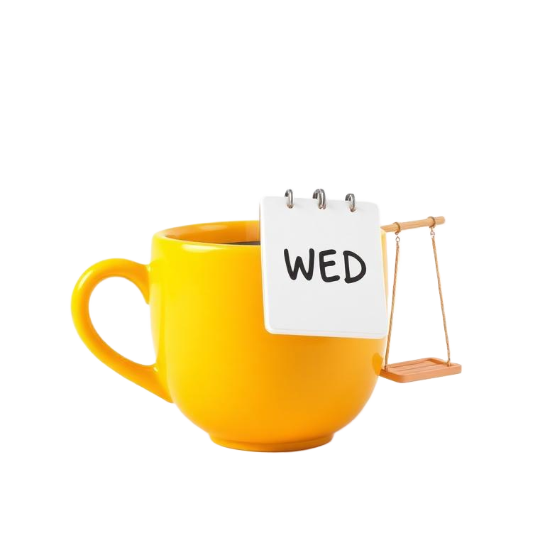 Yellow coffee cup illustration with a Wednesday calendar page